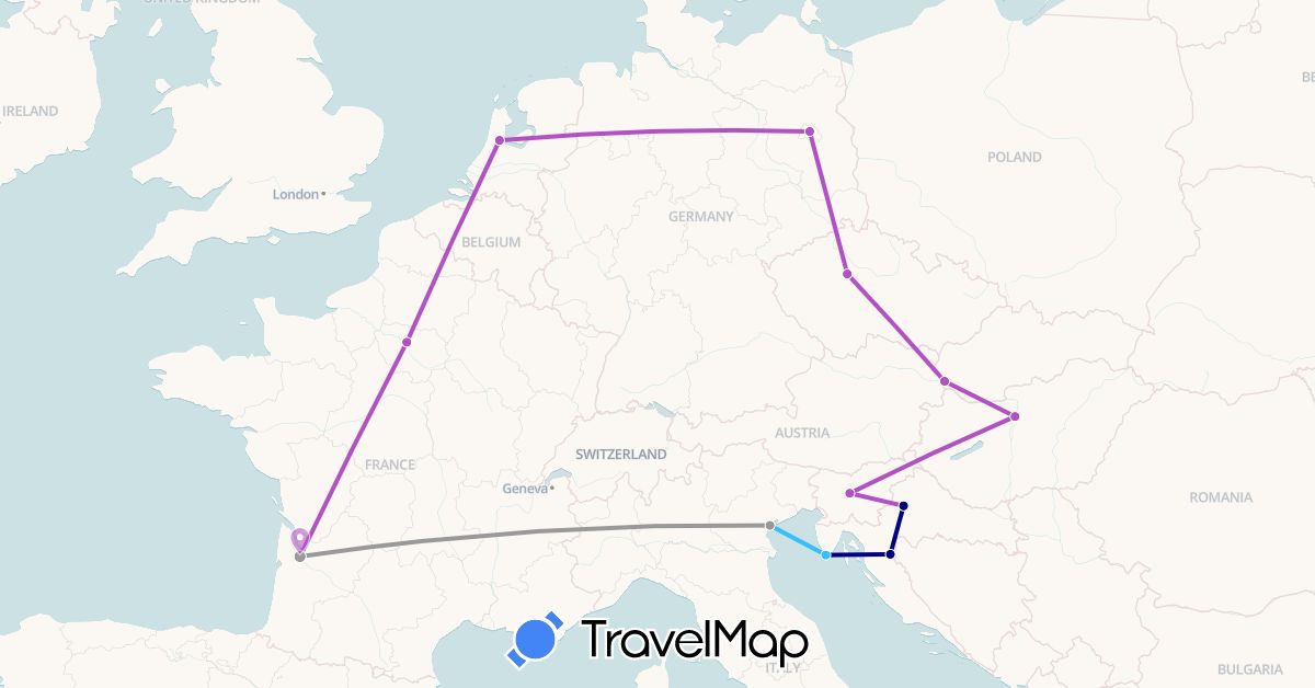 TravelMap itinerary: driving, plane, train, boat in Czech Republic, Germany, France, Croatia, Hungary, Italy, Netherlands, Slovenia, Slovakia (Europe)